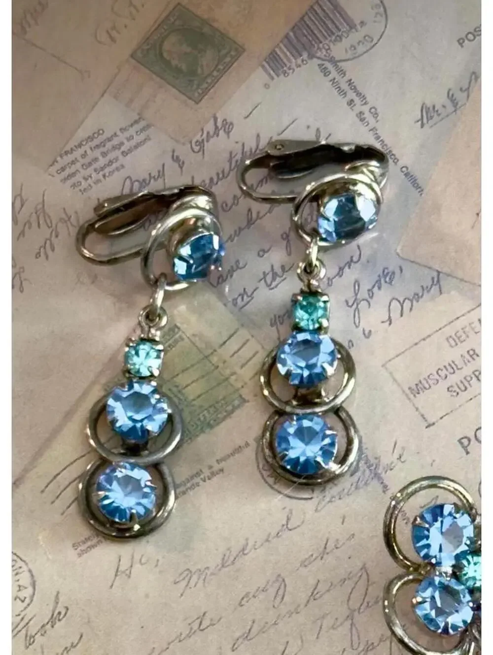 Vintage Blue Rhinestone Jewelry Set | Earrings & Floral Brooch | Something Blue